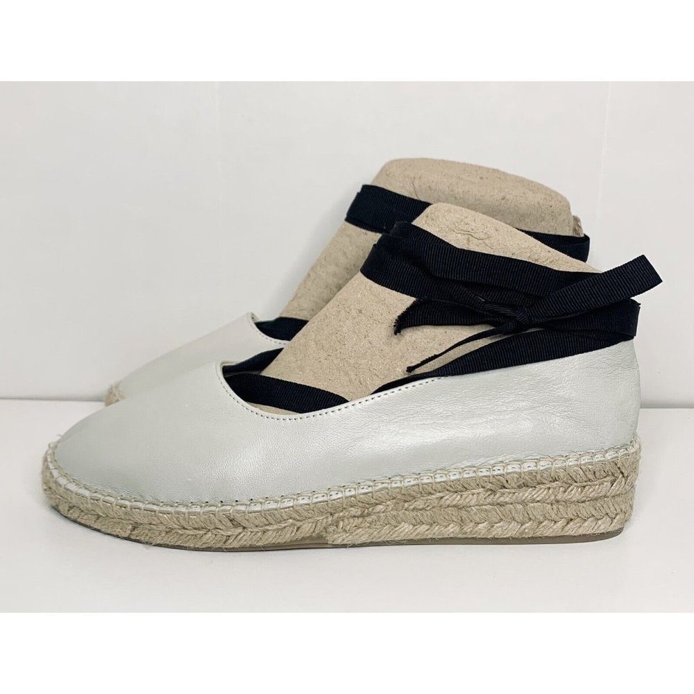 Zara Leather Flats Black Ribbon Tie Ankle Wrap Off White Rope Women’s EU 39 US 9